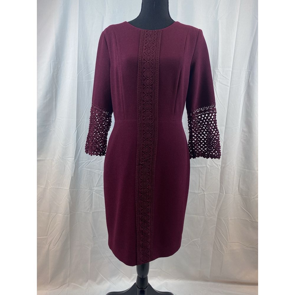 Karl Lagerfeld Lace Embroidered‎ Dress Women's 4 Burgundy Knee Length 3/4 Sleeve